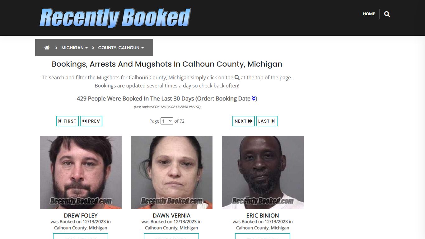 Bookings, Arrests and Mugshots in Calhoun County, Michigan